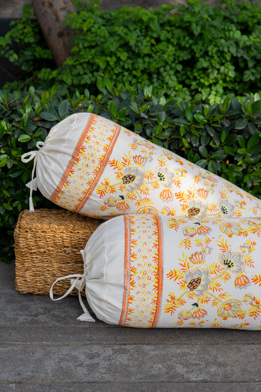 Grey and orange patte pe patta bolster cover