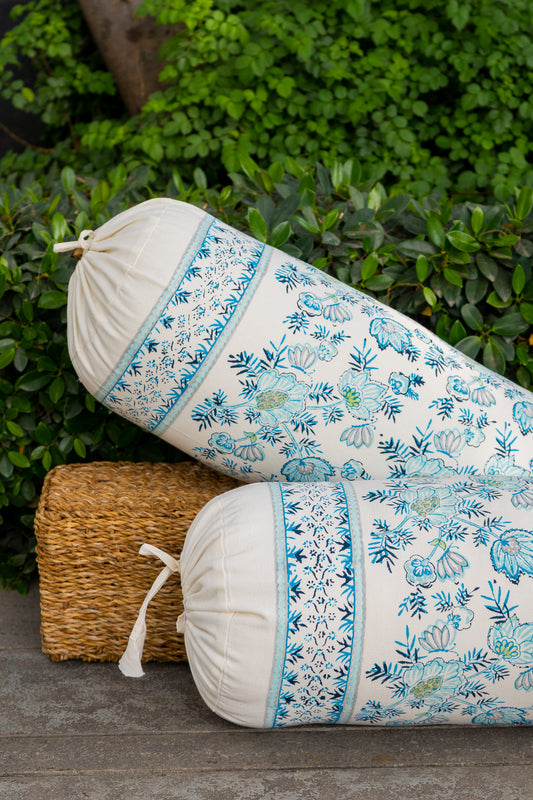 Dark and light blue patte pe patta bolster cover