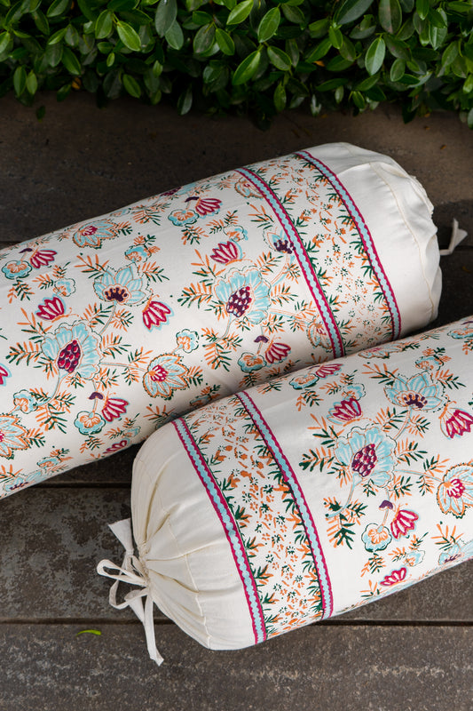 Blue and magenta patte pe patta bolster cover