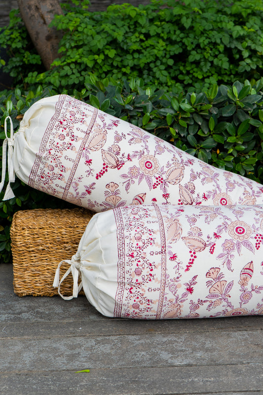 Lilac and maroon phal aur phool bolster cover