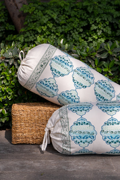 Blue and green heera jaal bolster cover