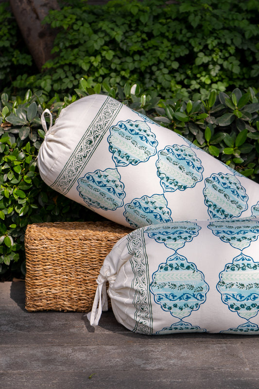 Blue and green heera jaal bolster cover