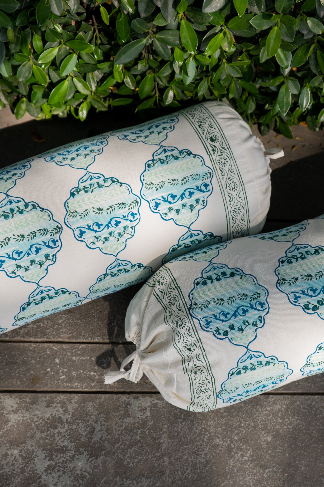 Blue and green heera jaal bolster cover