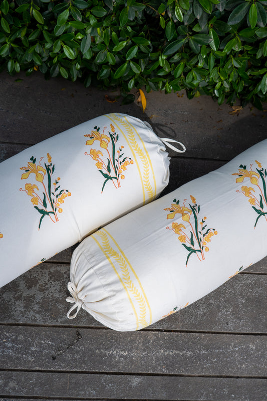 Yellow and green ek phool bolster cover