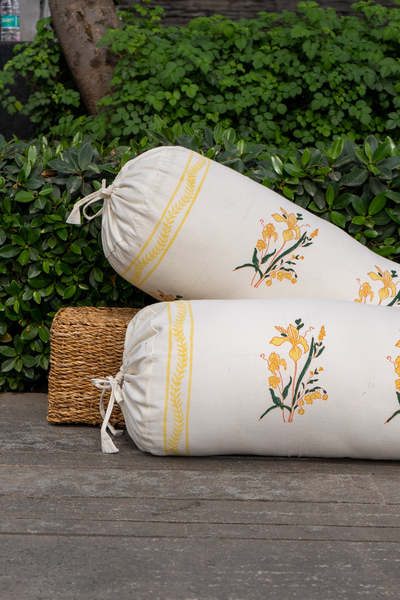 Yellow and green ek phool bolster cover