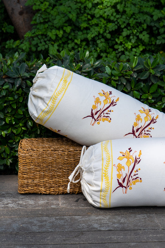 Yellow and maroon ek phool bolster cover