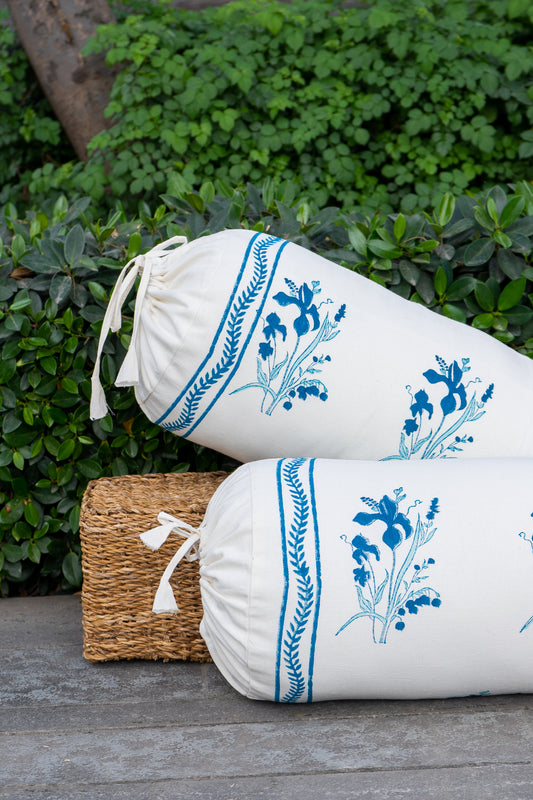 Dark and light blue ek phool bolster cover