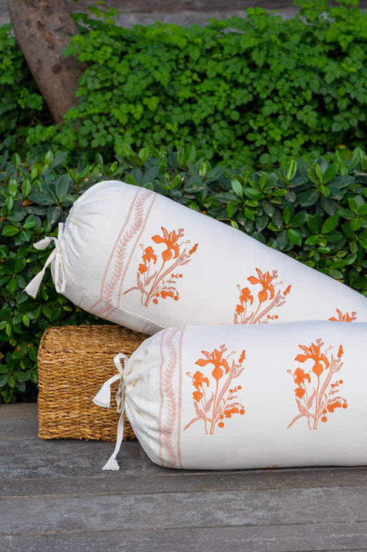 Orange and brown ek phool bolster cover