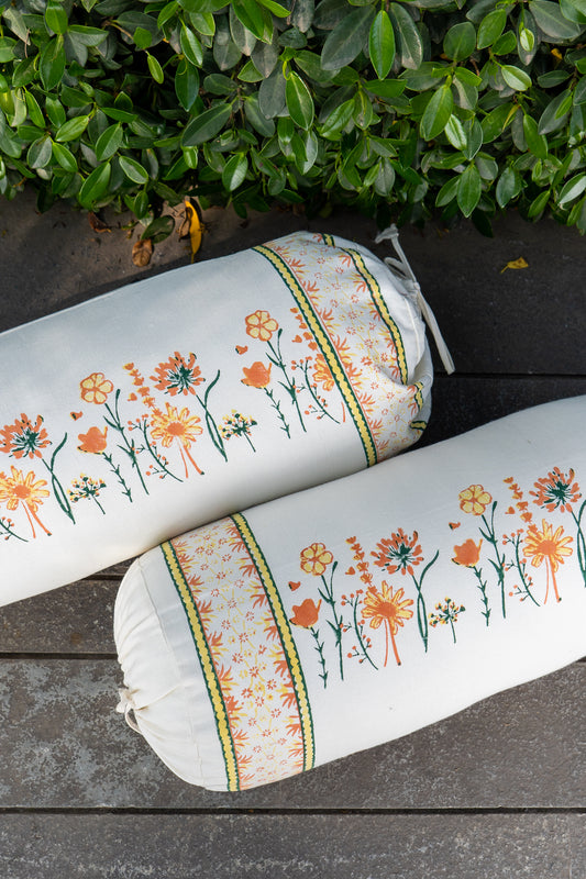 Yellow orange and green blooming flowers bolster cover