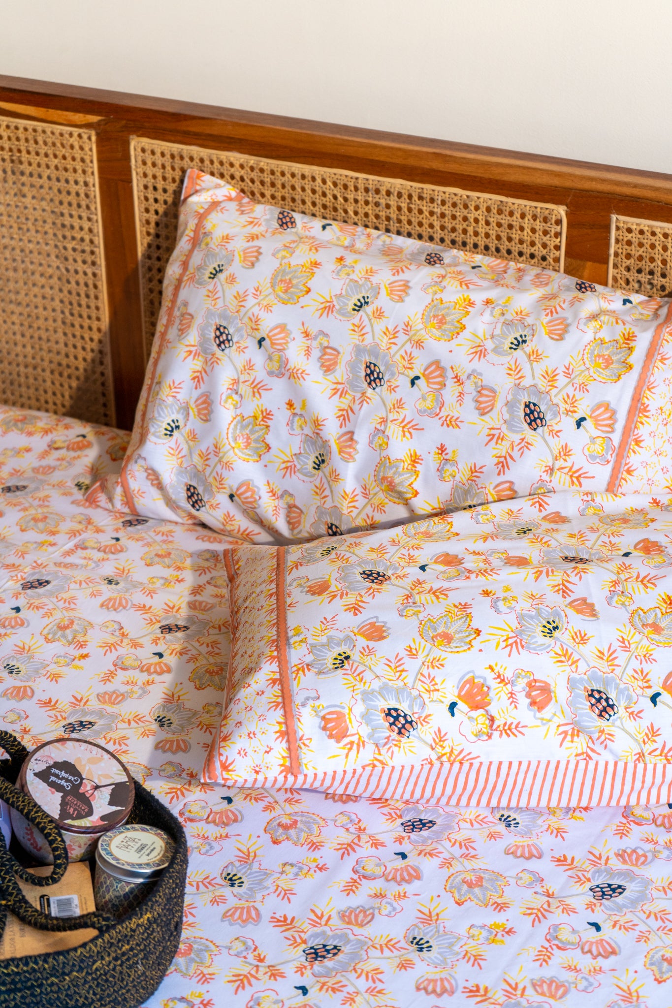 Grey and orange patte pe patta single bedsheet set