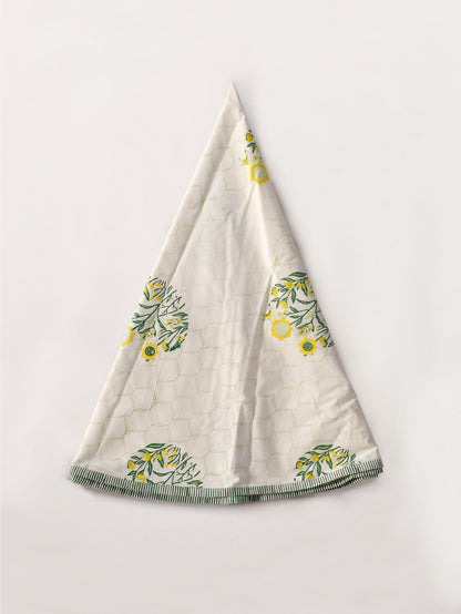Green parrot and yellow phool bagh motif round table cover