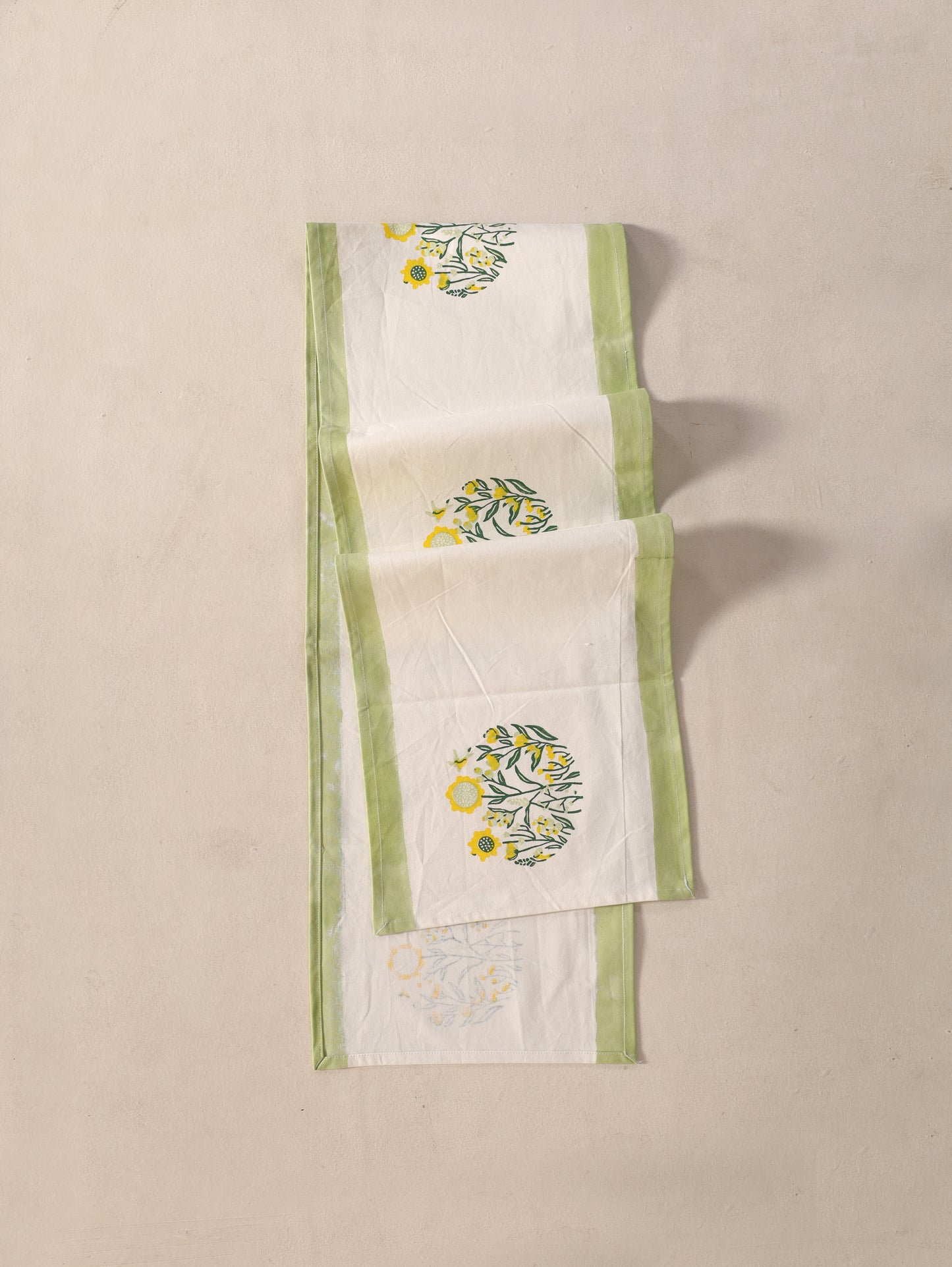 Green parrot and yellow phool bagh motif table runner
