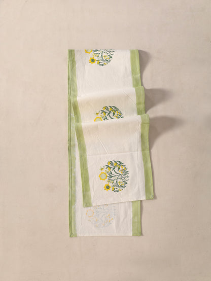 Green parrot and yellow phool bagh motif table runner