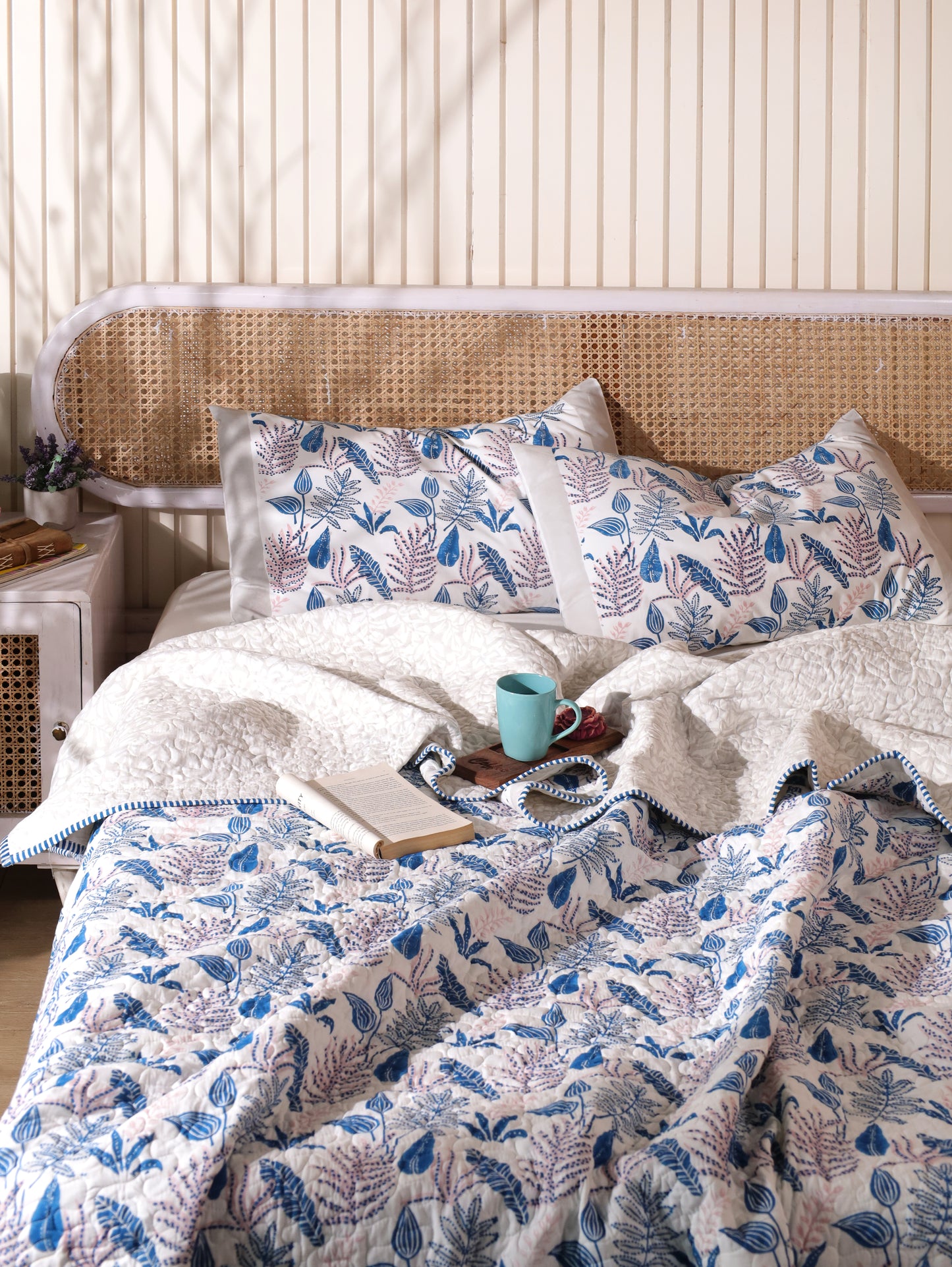 Blue and pink forest garden mulmul quilt