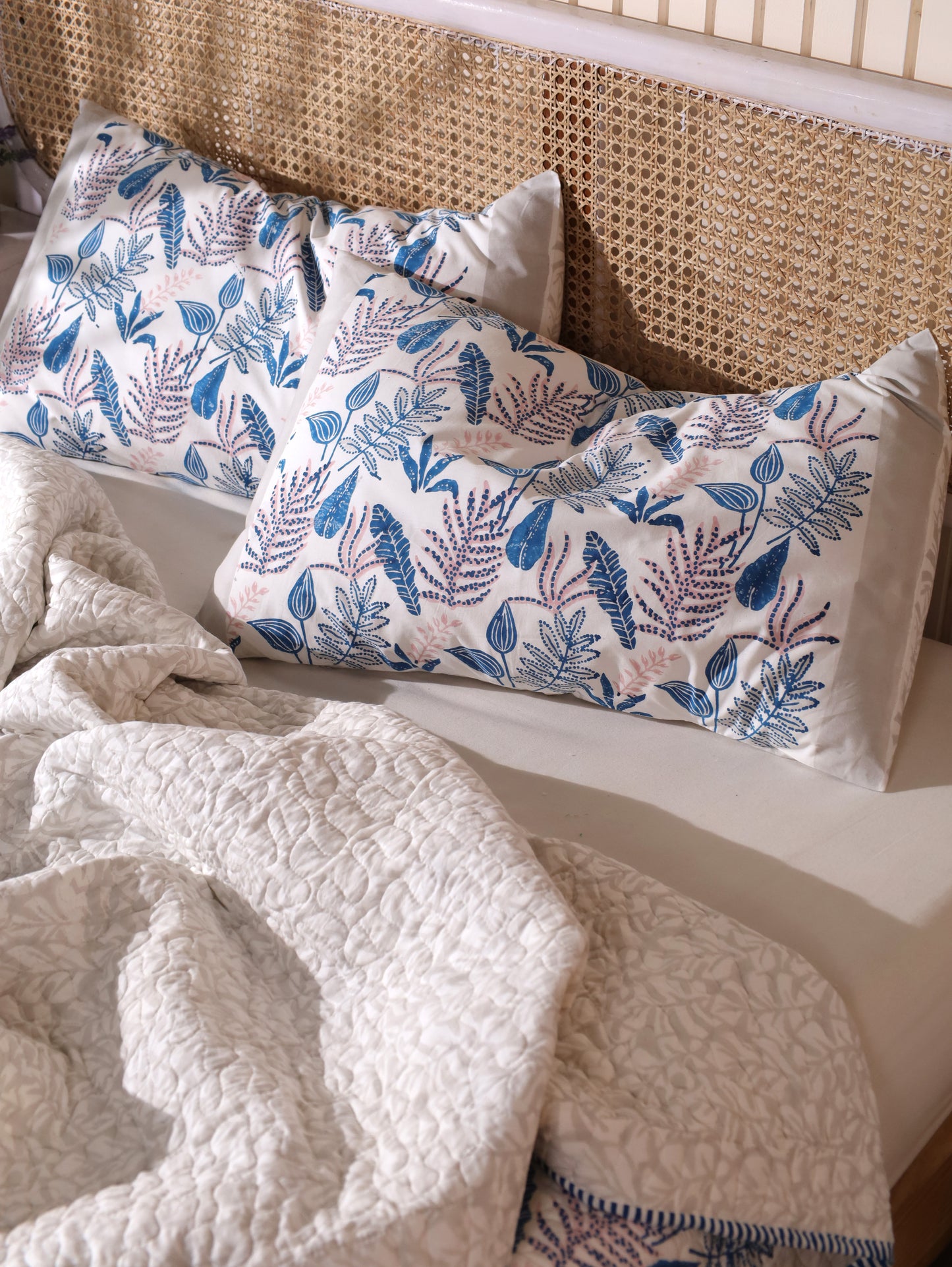 Blue and pink forest garden mulmul quilt