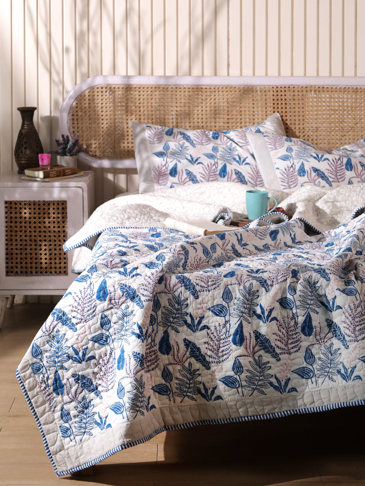 Blue and pink forest garden mulmul quilt