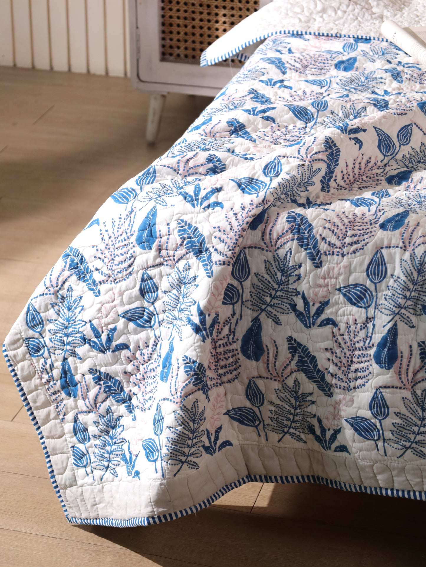 Blue and pink forest garden mulmul quilt