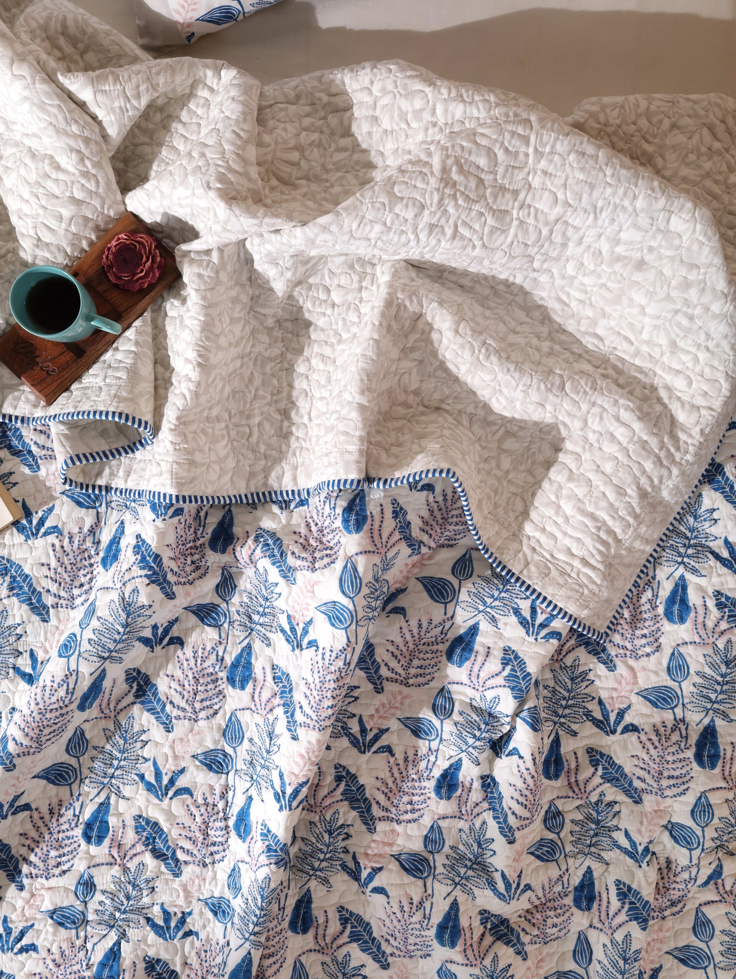 Blue and pink forest garden mulmul quilt