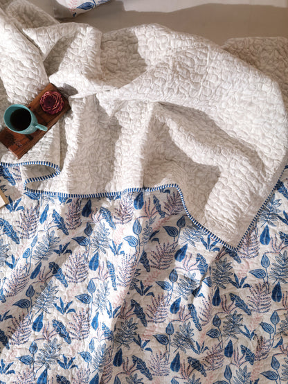 Blue and pink forest garden mulmul quilt