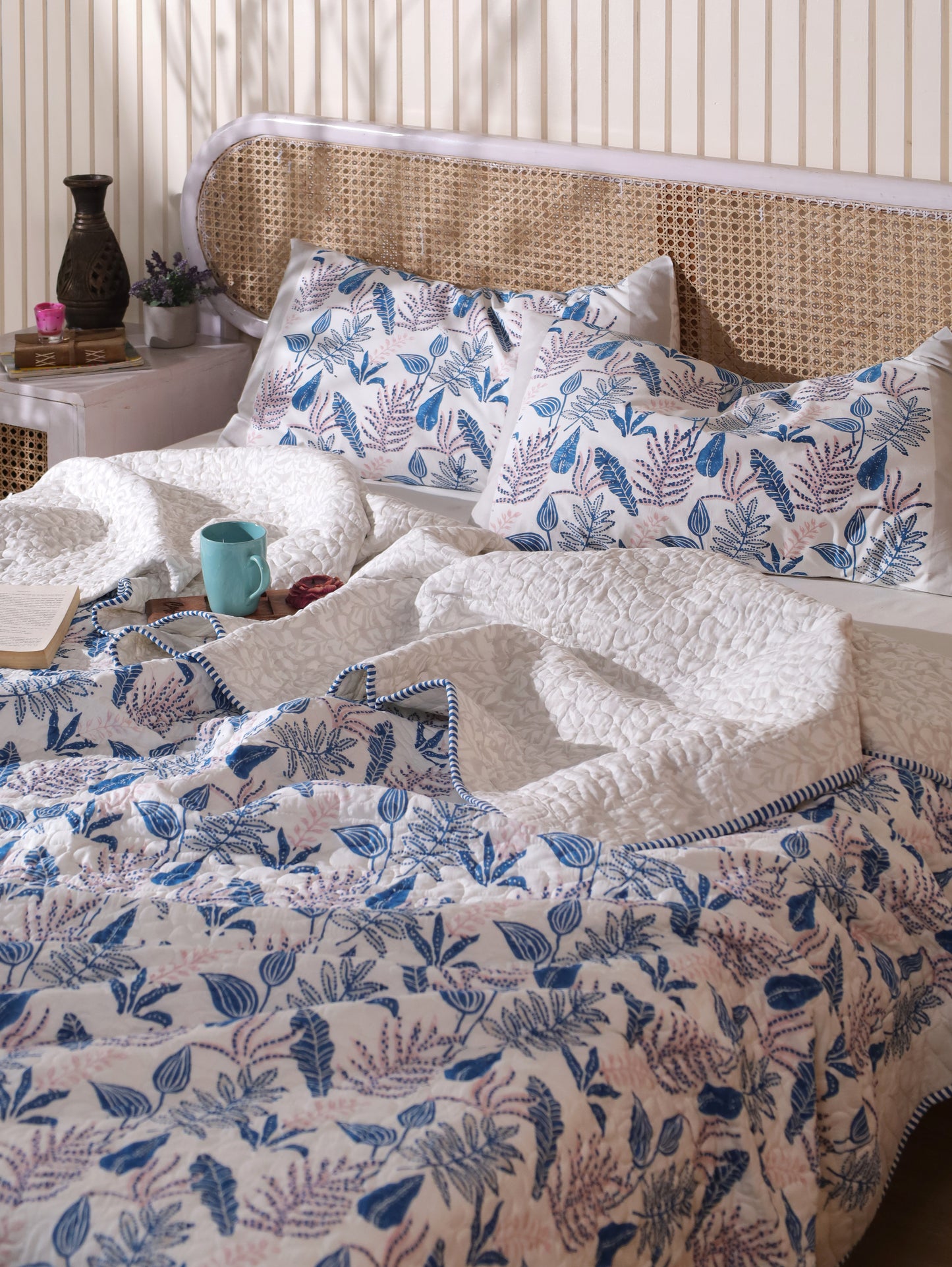 Blue and pink forest garden mulmul quilt