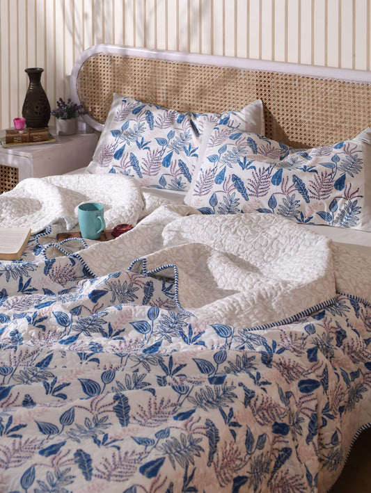 Blue and pink forest garden mulmul quilt