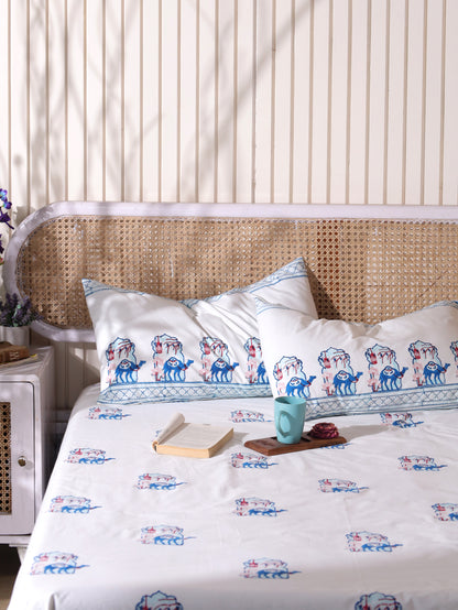 Blue and peach jharokha motif bedsheet set
