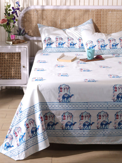 Blue and peach jharokha motif fitted bedsheet set