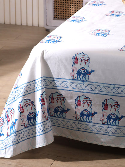 Blue and peach jharokha motif fitted bedsheet set