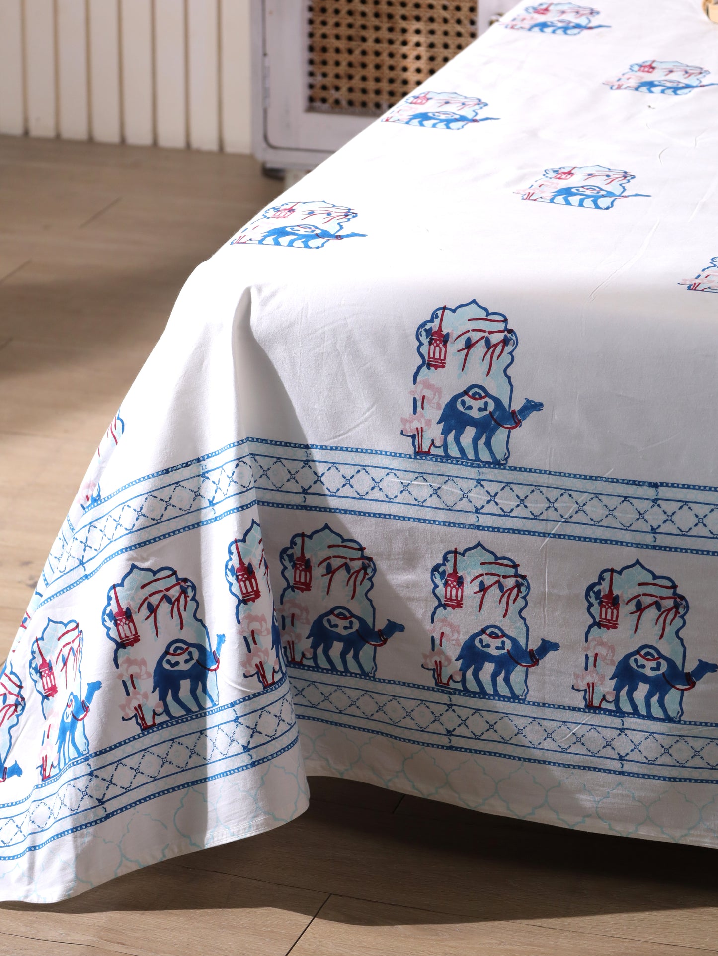 Blue and peach jharokha motif bedsheet set