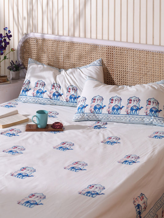 Blue and peach jharokha motif bedsheet set