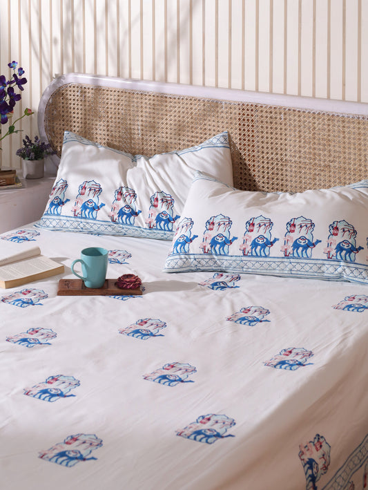 Blue and peach jharokha motif fitted bedsheet set