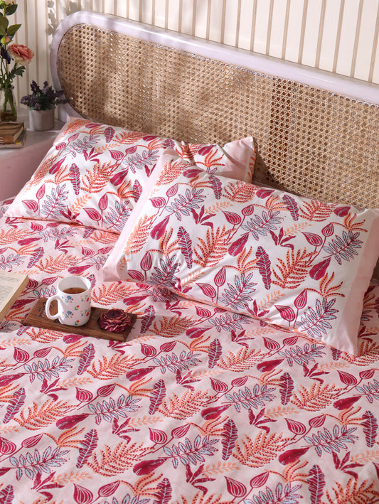 Red and peach forest garden bedsheet set