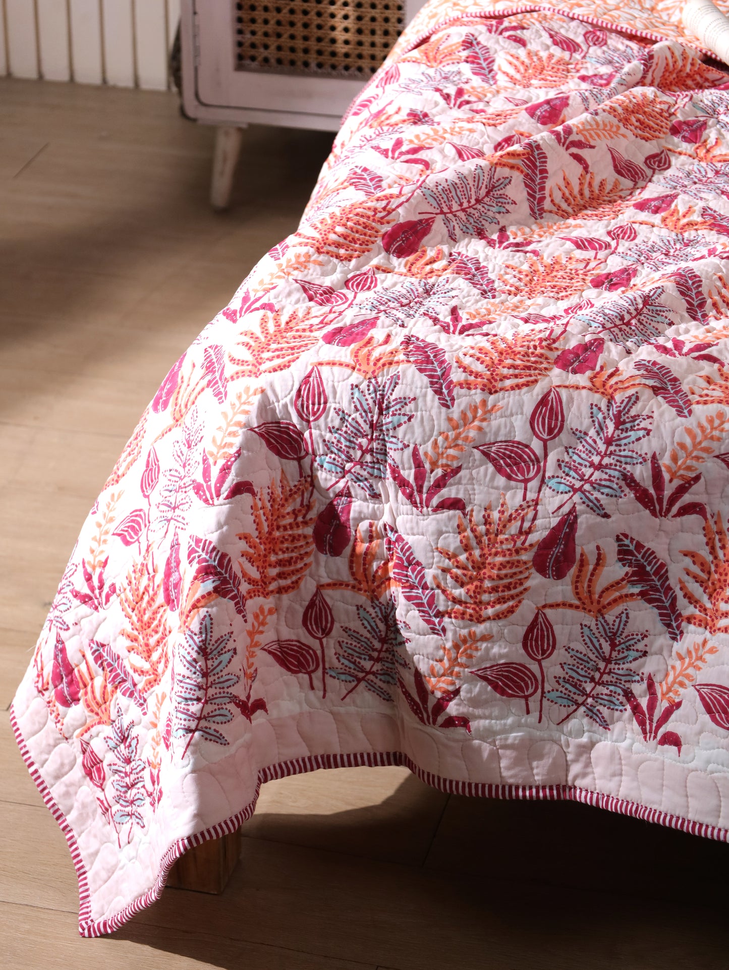 Red and peach forest garden mulmul quilt