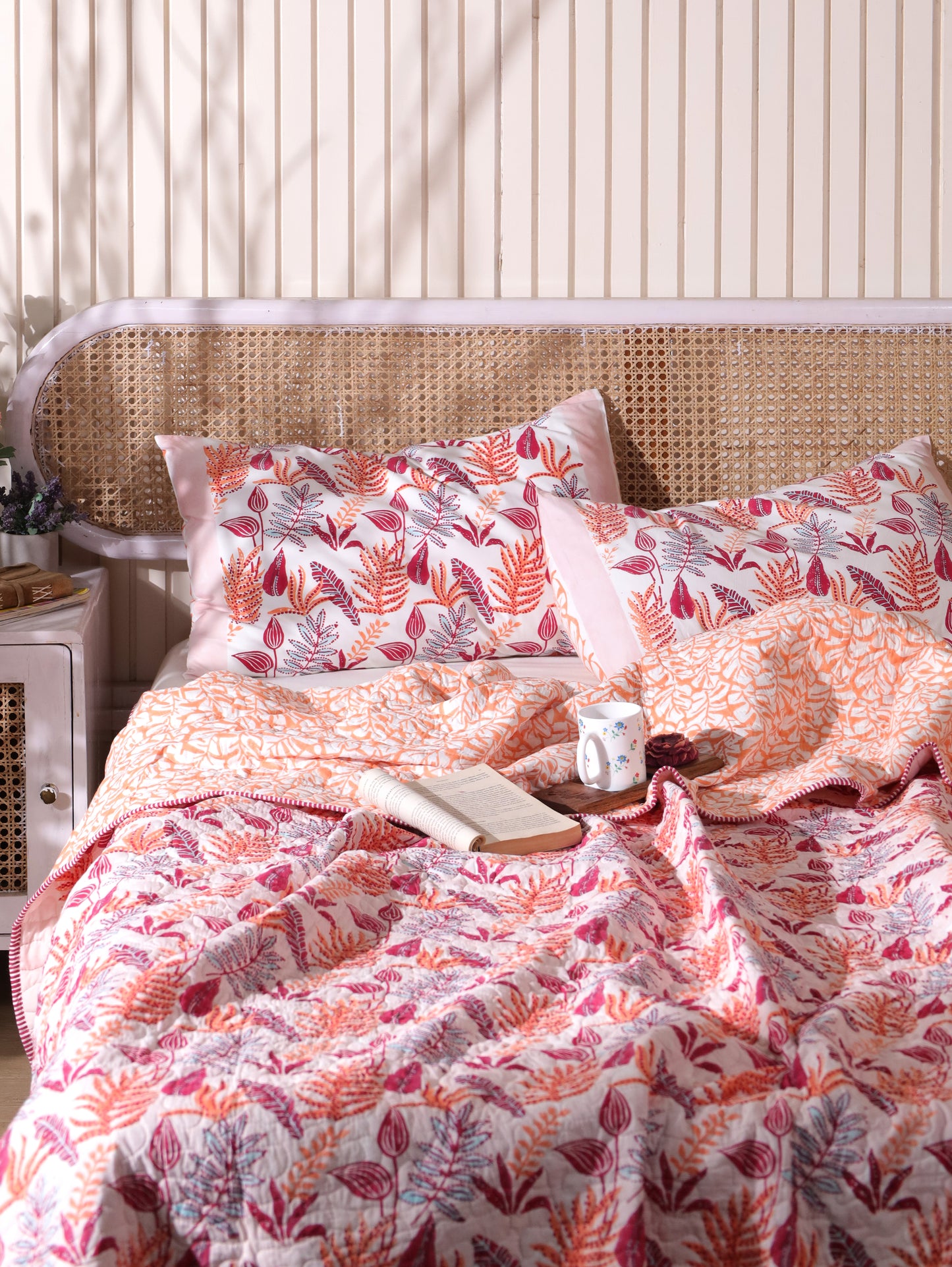 Red and peach forest garden mulmul quilt