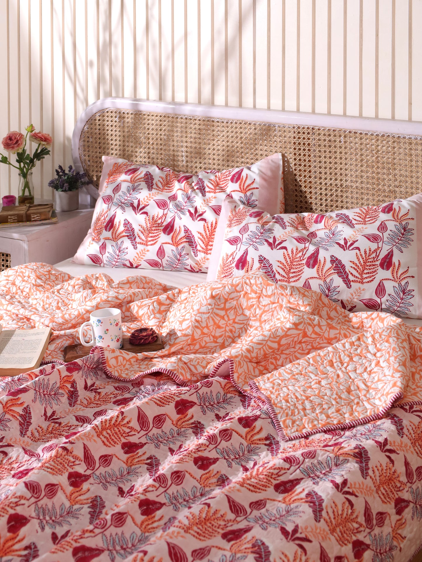 Red and peach forest garden mulmul quilt