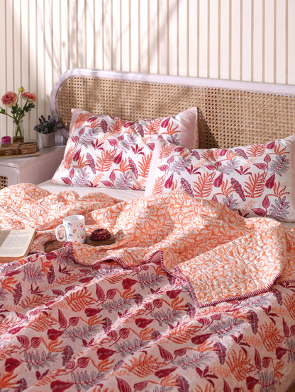 Red and peach forest garden mulmul quilt