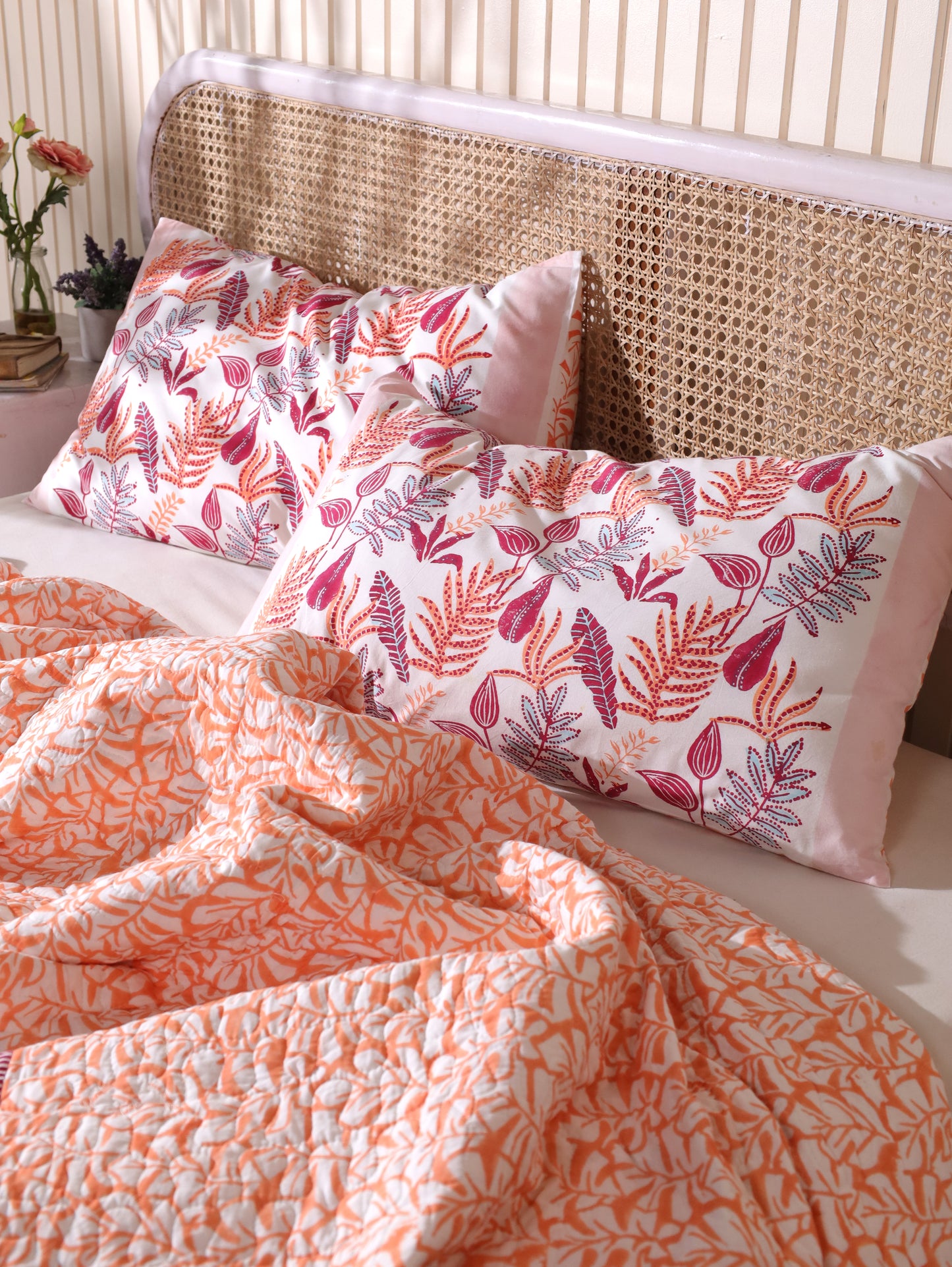 Red and peach forest garden mulmul quilt