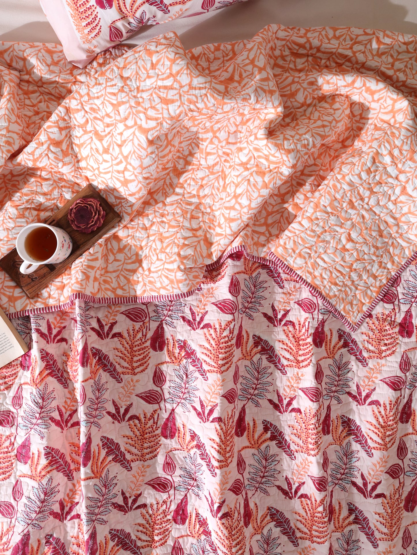 Red and peach forest garden mulmul quilt