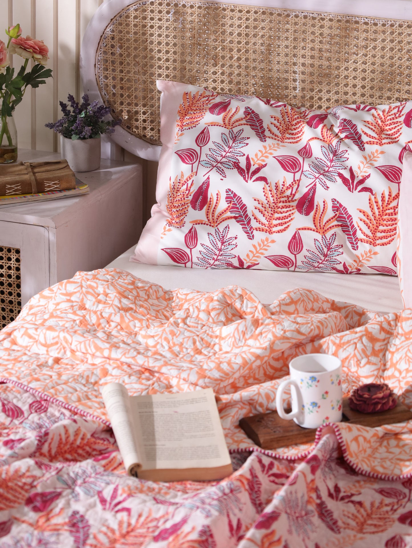 Red and peach forest garden mulmul quilt