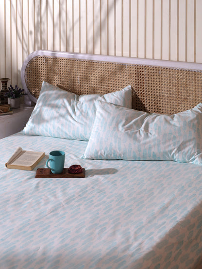 Sky blue long leaves jaal fitted bedsheet set