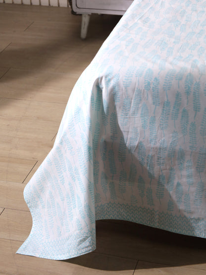 Sky blue long leaves jaal fitted bedsheet set