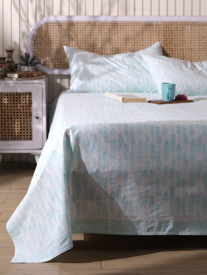 Sky blue long leaves jaal fitted bedsheet set