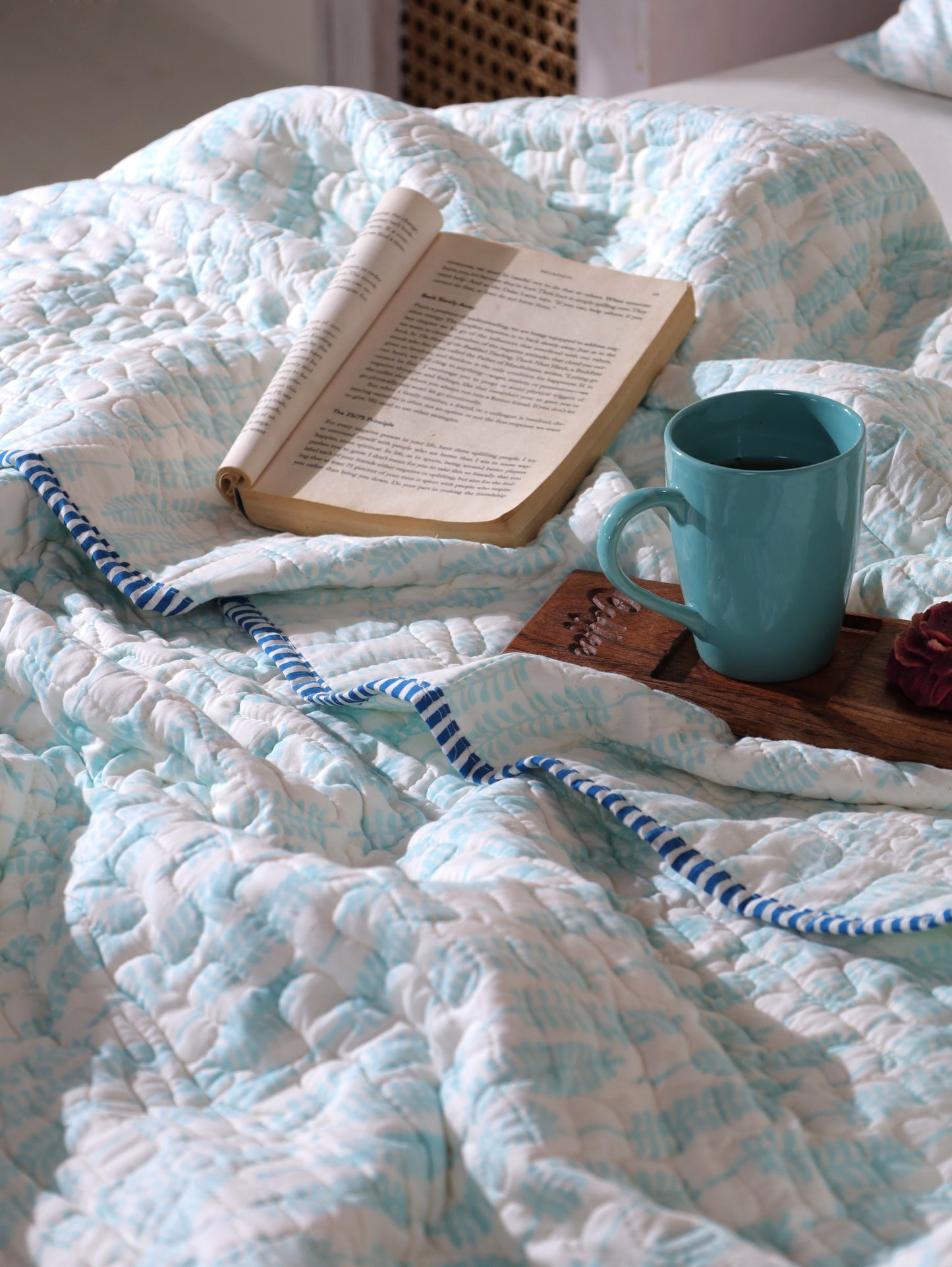 Sky blue long leaves jaal mulmul quilt