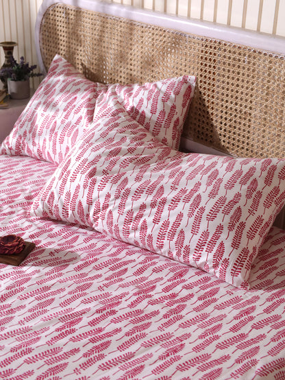 Red long leaves jaal fitted bedsheet set