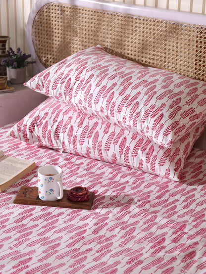 Red long leaves jaal fitted bedsheet set