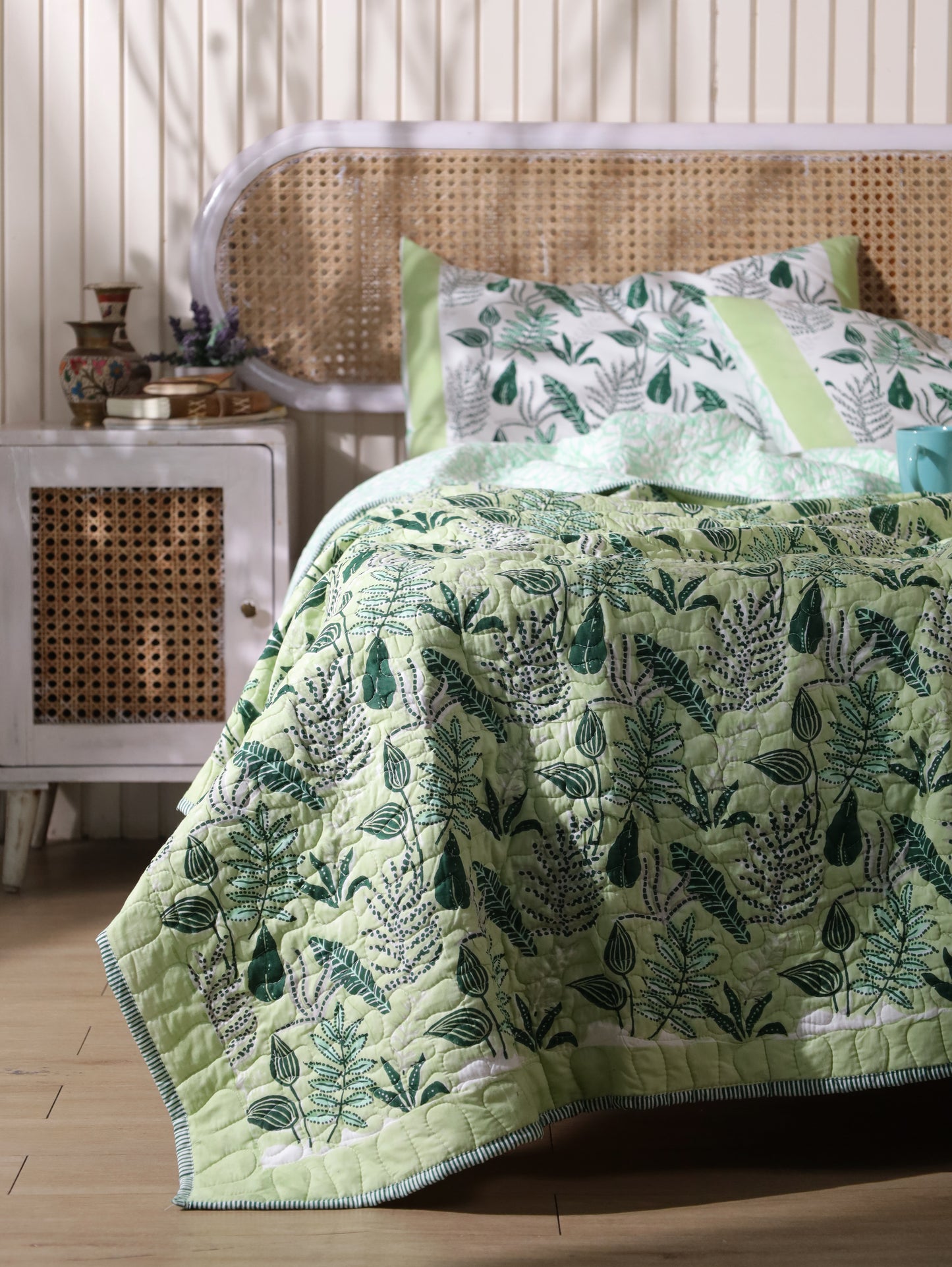 Green and grey forest garden mulmul quilt