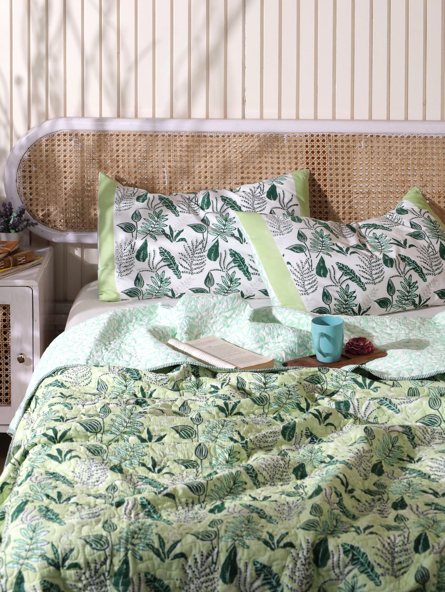 Green and grey forest garden mulmul quilt