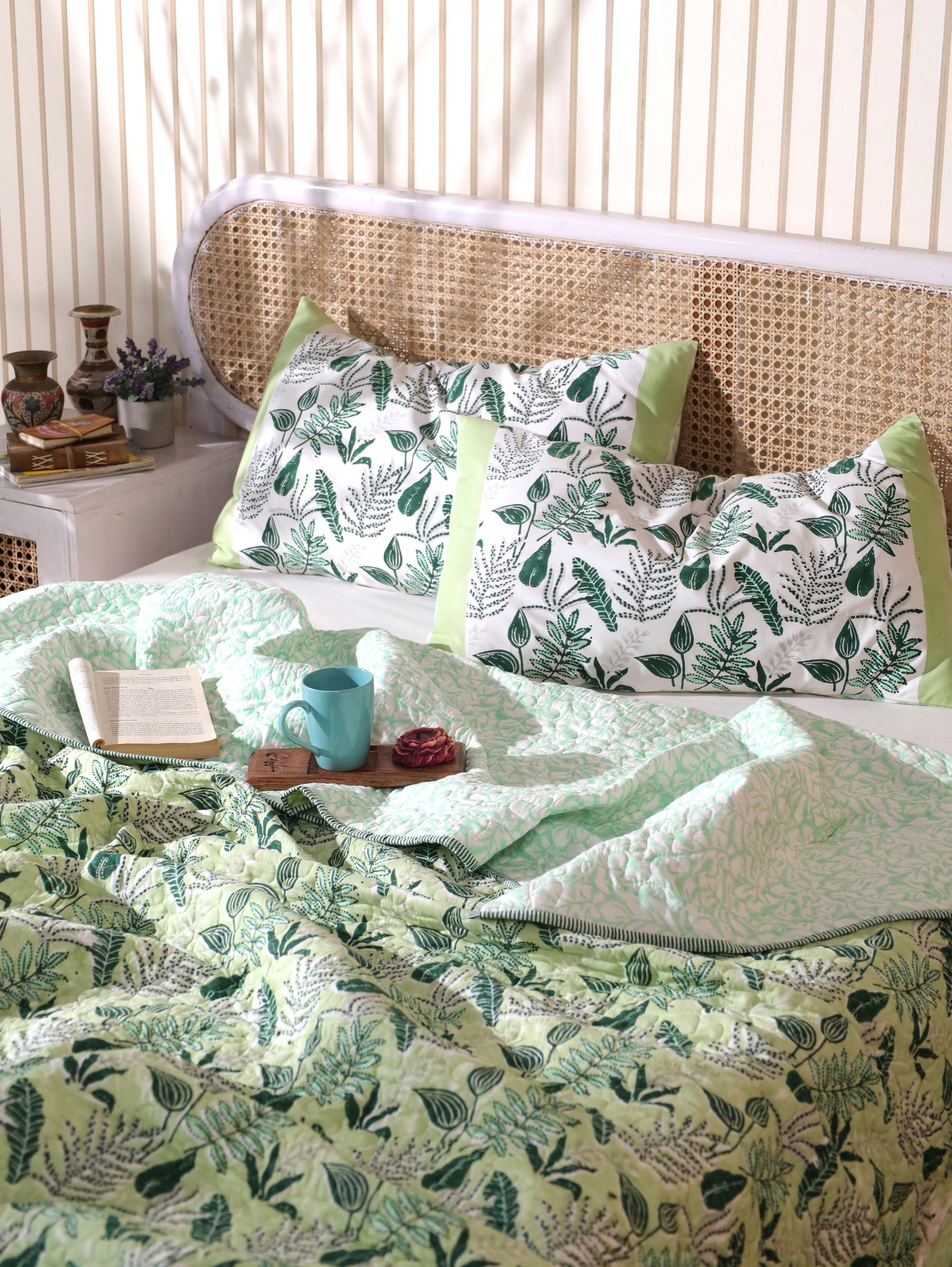 Green and grey forest garden mulmul quilt