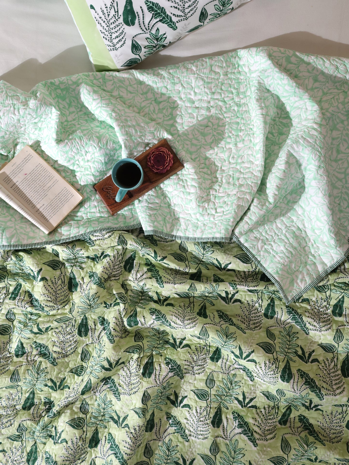 Green and grey forest garden mulmul quilt