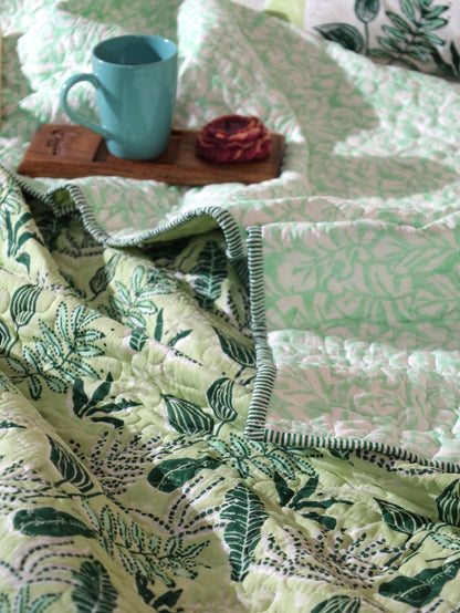 Green and grey forest garden mulmul quilt